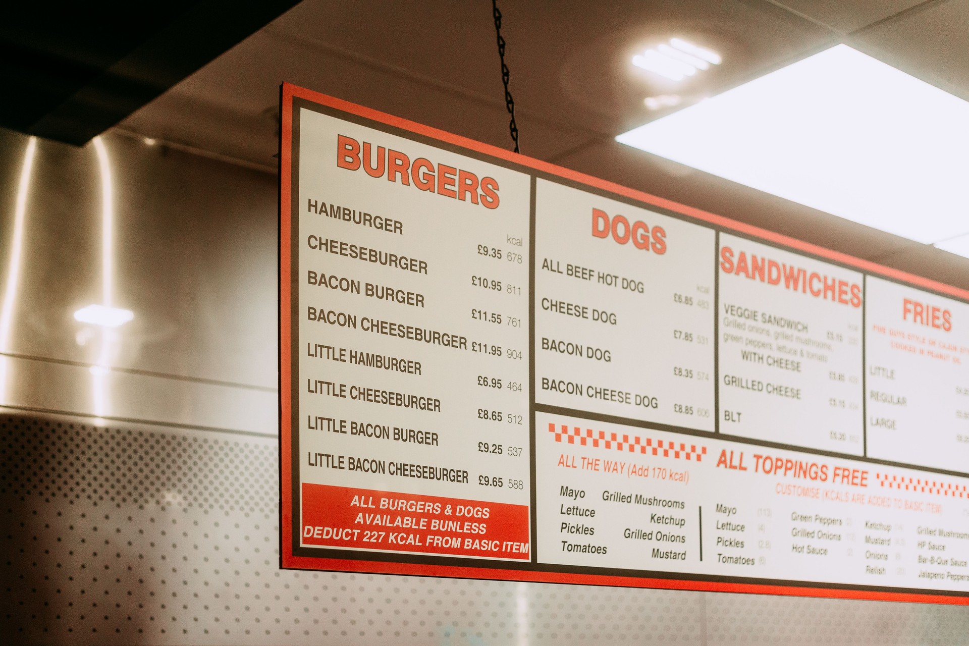 Selection of burgers listed on fast food menu