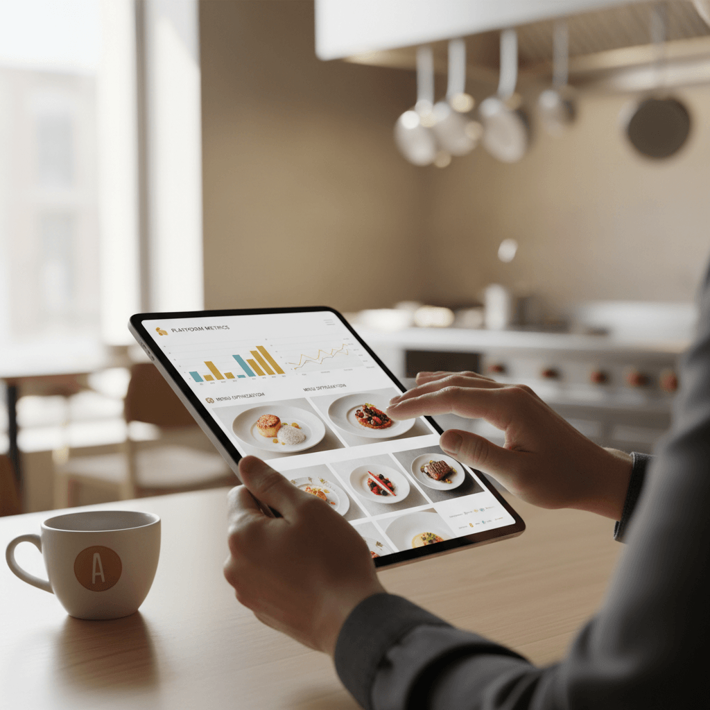 Restaurant owner reviewing analytics and food photography on tablet at modern workspace with natural light Restaurant owner reviewing analytics and food photography on tablet at modern workspace with natural light